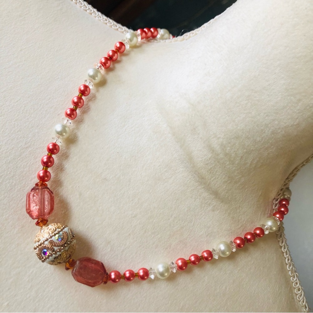 Handcrafted repurpose elegant glass bead antique rose Czech glass Pearl necklace